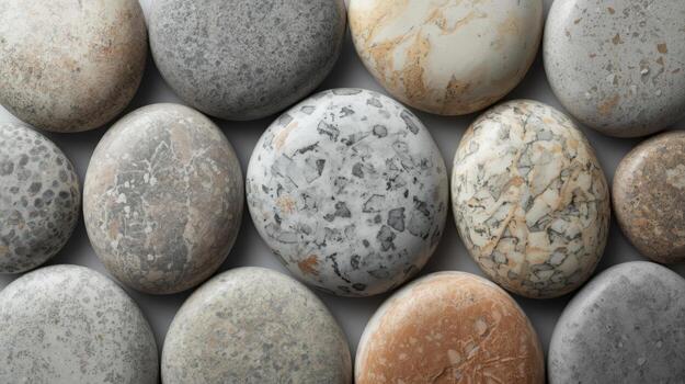 Close up arrangement of smooth rounded stones in varying colors and textures create a natural calming aesthetic suitable for meditation themes. photo
