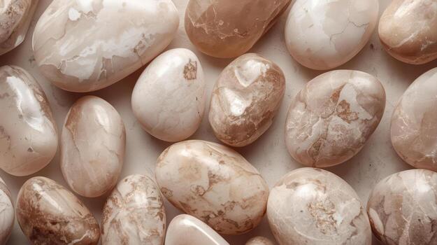 Polished light beige stones with natural patterns are arranged in a close up studio shot providing a simple earthy texture background. photo