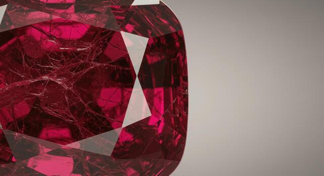 A macro shot of a vividly colored red gemstone with visible inclusions and facets set against a soft gradient background illuminated by light. photo