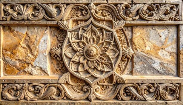 Intricate stone carving with a central floral medallion surrounded by ornate scrolling patterns adorns the textured ancient wall surface. photo