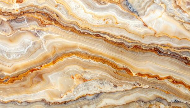 An intricate close up captures wavy patterns of creamy beige marble with golden accents creating an organic and luxurious stone backdrop. photo