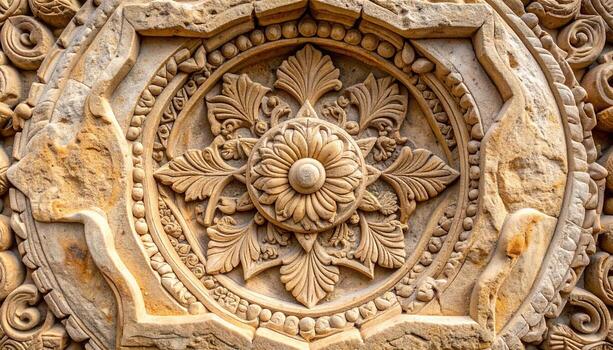 un antiguo Roca tallado representa un hermosa circular flor diseño rodeado por intrincado patrones y decorativo elementos en maravilloso detalle. foto