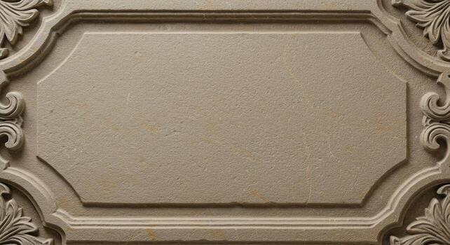 An ornate architectural detail featu a carved plaster frame element with decorative corner scrollwork and a recessed central panel design. photo