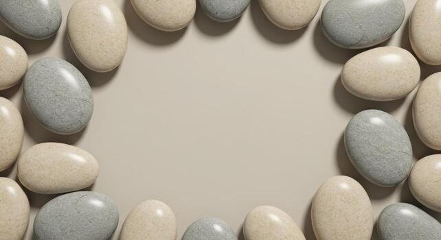 Smooth pebbles are arranged around a blank space providing a natural frame for text or images on a neutral background surface in studio. photo