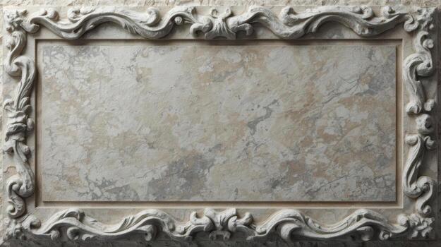 An ornate rectangular stone frame with an intricate floral design surrounds a mottled textured background in a classic architectural style. photo