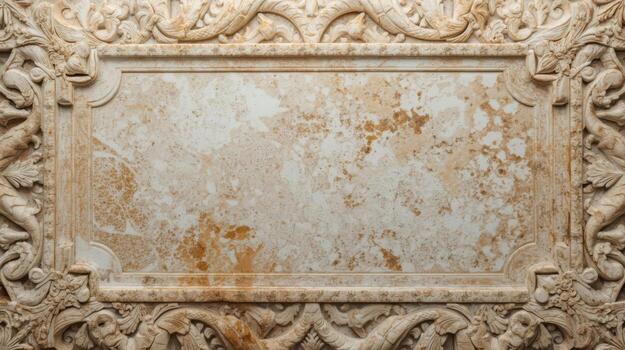 Intricate ornamental floral carving surrounds rectangular frame with aged texture, perfect for adding timeless detail to designs and projects. photo