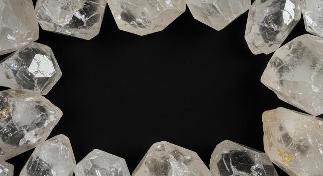 Collection of clear quartz crystals forms a border around a black background creating a frame with space for text or design elements. photo