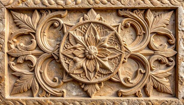 An intricate sandstone carving displays symmetrical floral and leaf patterns in a medallion design on a textured stone background surface area. photo