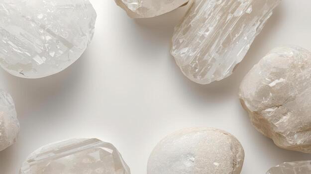 Sparkling quartz crystals are arranged artfully on a bright white surface creating an ethereal mineral composition of earth elements. photo