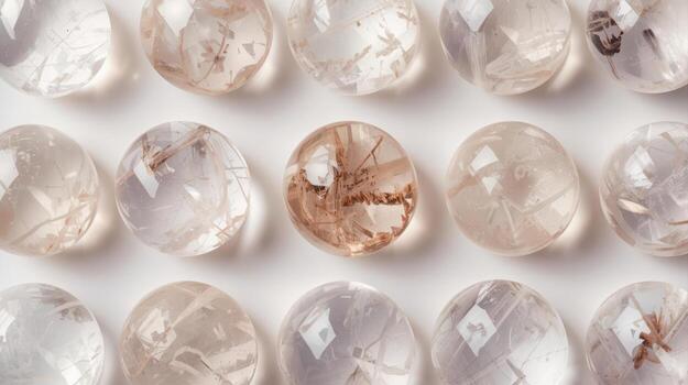 un modelo de translúcido cuarzo piedras preciosas con inclusiones arreglado en un blanco superficie capturas el belleza de natural mineral formaciones foto