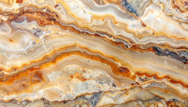 Close up reveals the intricate patterns of banded agate stone with a rich display of earth tones in creams, browns, and vibrant amber hues. photo