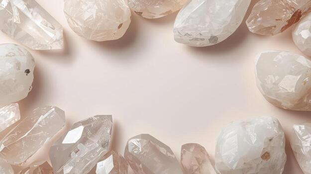 Collection of clear quartz crystals arranged around a light tan background provides a neutral frame for text and graphic design projects. photo