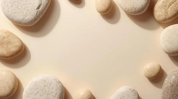 Flat lay composition with smooth natural stones arranged around a light background showcasing simplicity and organic elements on soft light. photo