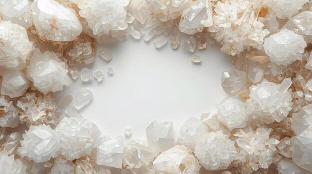 An array of glistening white quartz crystals are arranged around a smooth, empty space perfect for text and graphic overlays elegantly displayed. photo