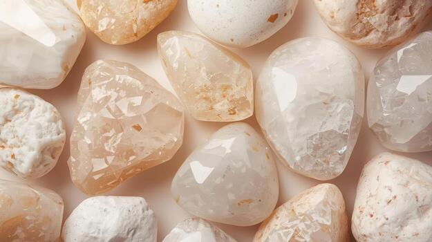 A beautiful assortment of polished clear and pale orange quartz stones, creating a calming and earthy textured background on a plain surface. photo