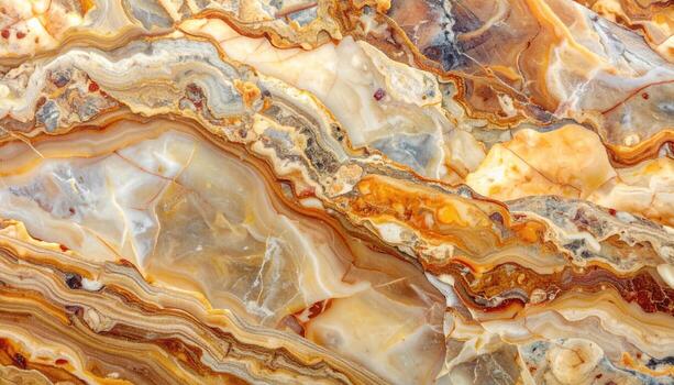 Detailed close up shows the intricate swirling patterns and varied colors of an elegant banded onyx gemstone, creating a natural abstract art. photo