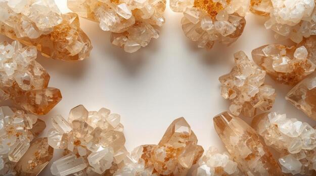 A beautiful arrangement of natural citrine crystal points creates a visually appealing frame on a clean, white surface, sparkling softly in the light. photo