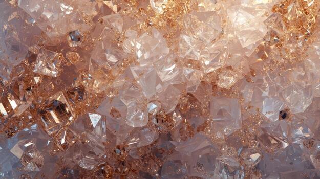 An intricate close-up of natural white crystals reflecting light with a golden hue, creating a beautiful textured and shimme backdrop. photo