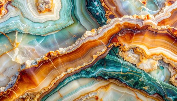 An artistic abstract close-up of colorful banded agate stone reveals beautiful natural patterns and earthy tones in a stunning geological display. photo