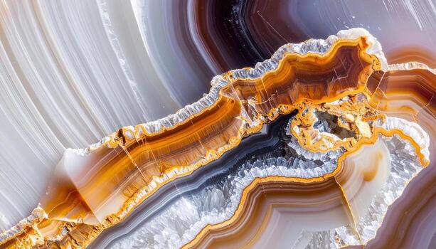 A captivating macro view reveals the intricate patterns and earthy tones within a beautiful agate stone, showcasing its natural banded formations. photo
