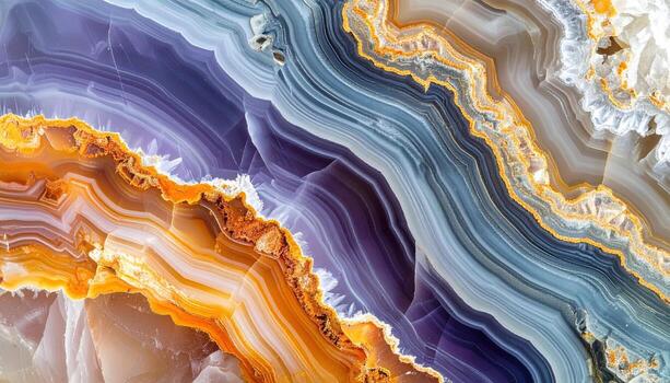 Close up showing the natural abstract pattern of colorful agate stone with bands and layers of purple blue brown and white colors that are rippled. photo