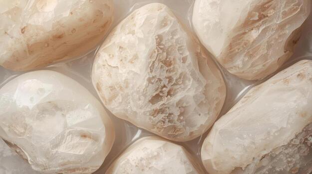 A collection of polished white stones with swirling textures and subtle beige hues arranged on a bright surface, creating a minimalist pattern. photo