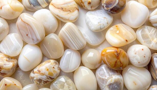 A mesmerizing collection of smooth, polished agate stones displaying varying patterns and creamy hues creates an elegant and soothing background. photo