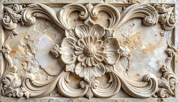A decorative floral stone carving showcases intricate details and embellishments on a weathered surface, creating an antique aesthetic statement. photo