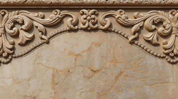 Ornate baroque decoration adorns a textured beige wall with swirls and floral motifs creating an elegant architectural backdrop in light stone. photo