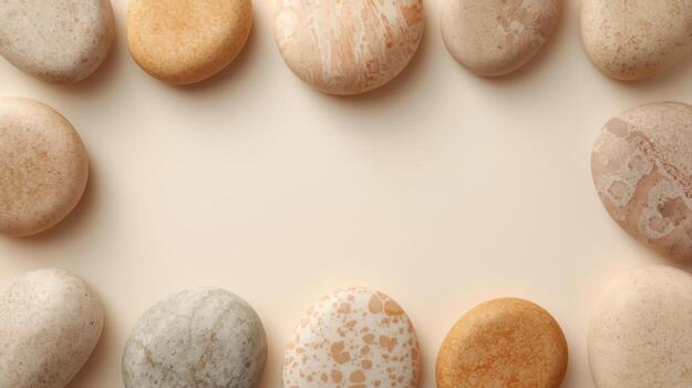 An artful arrangement of smooth, natural stones creates a neutral background border on a clean surface in a minimalist composition. photo