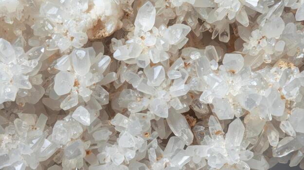 Close up showing clusters of beautiful translucent white quartz crystals with various shapes and sizes displayed as abstract geological formation. photo