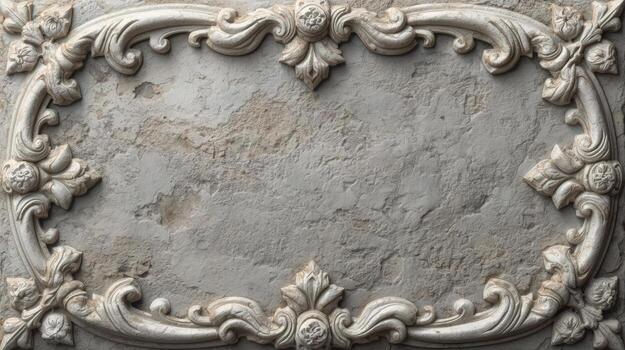 An aged stone plaque with ornate carvings surrounds a weathered surface, presenting a captivating backdrop for artistic design and typography. photo