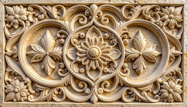 Intricate floral carvings display beautiful ornate patterns in sandstone relief sculpture with decorative flourishes, creating an elegant texture. photo