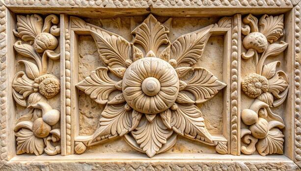 Carved stone floral design adorns an ancient monument showing an ornate pattern with intricate details and natural beauty of the craftsmanship. photo