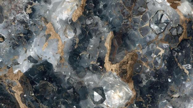 A detailed macro photograph showcases the unique crystalline formations and textures of a mineral specimen with a gray and gold color palette. photo