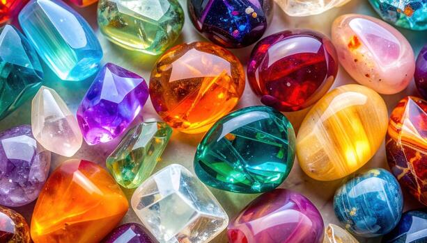 un vibrante colección de pulido piedras preciosas y cristales, espumoso con un arco iris de colores debajo brillante ligero formando un hermosa modelo. foto