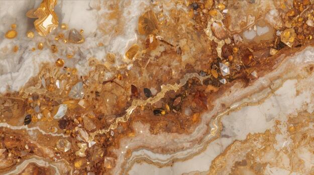 Beautiful close up of an abstract stone surface displaying intricate layers of gold, brown, and white colors in a marbled pattern formation. photo