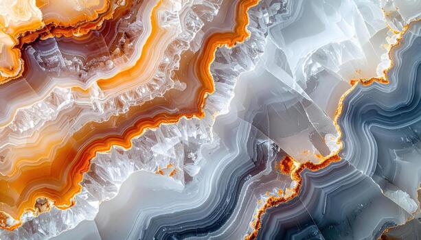 A captivating close-up showcases swirling bands of orange and grey agate creating a mesmerizing and intricately textured abstract pattern. photo