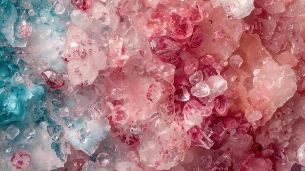 Close up view of pink and blue crystalline structures forming an abstract pattern, showcasing mineral formations and intriguing textures of gems. photo