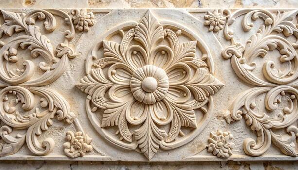 Intricate floral carving on weathered stone panel showcases detailed craftsmanship and elegant patterns for a timeless architectural detail. photo