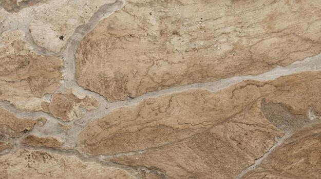 The rough textured stone wall with intricate patterns creates a natural, earthy, and visually interesting surface suitable for backgrounds. photo