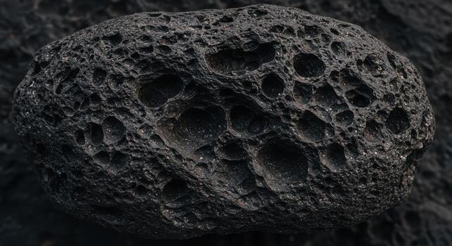 A textured dark volcanic rock with numerous small holes and rough surface sits against a blurred background showcasing geological formations. photo