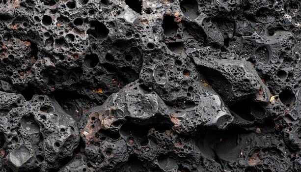 The rough textured surface of volcanic rock displays numerous irregular vesicles and cavities from ancient gaseous lava flows beautifully. photo