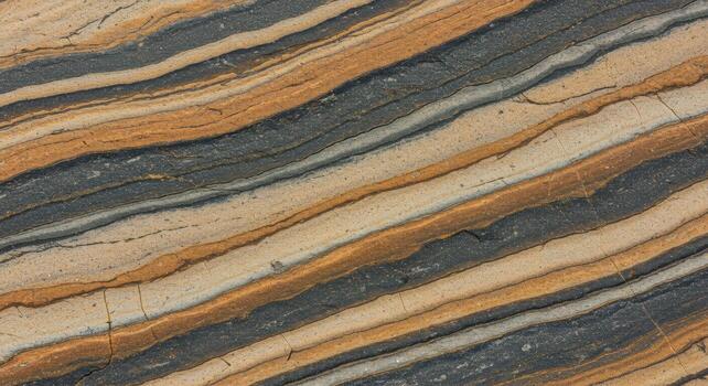 Exposed rock layers display beautiful horizontal strata formations of sandstone and sediment creating geological patterns and textures. photo