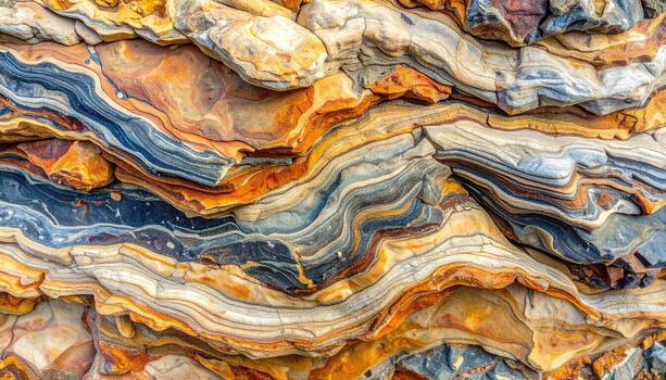 Sedimentary rock layers display beautiful natural patterns of iron oxide minerals forming captivating abstract designs in shades of orange and blue. photo