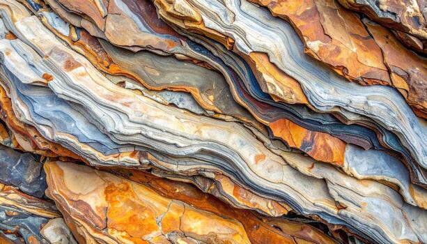 Close up shows layers of multicolored sedimentary rock with rich earth tones creating abstract natural pattern in nature scene, detailed texture. photo