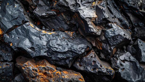A detailed close up reveals the rugged texture and dark coloration of pile of natural coal stones, with gold specks enhancing the view. photo