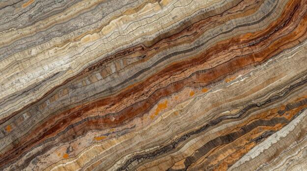 Detailed close up of layered bands of brown gray and tan colors in a natural stone formation showing a distinct mineral texture pattern. photo