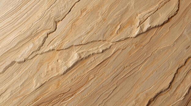 Detailed close up shot showcases the natural patterns and textures of a light brown sandstone rock surface with rugged lines and formations. photo