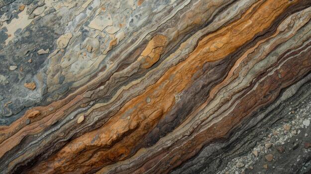 The diverse and colorful sedimentary rock layers exhibit a mesmerizing diagonal pattern formed through geological processes over millions of years. photo
